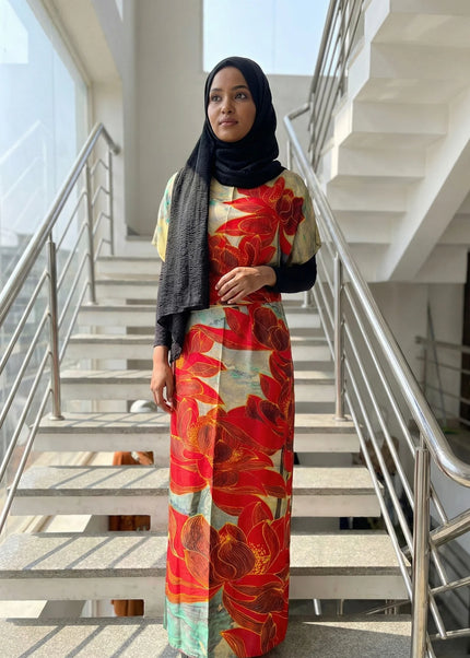 Luxe Jacquard Satin Kaftan with Print Detail