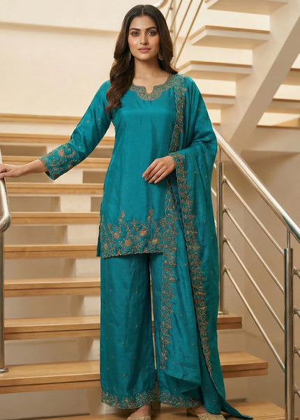 Purple Silk Palazzo Suit with Gold Zari Embroidery & Scalloped Hem