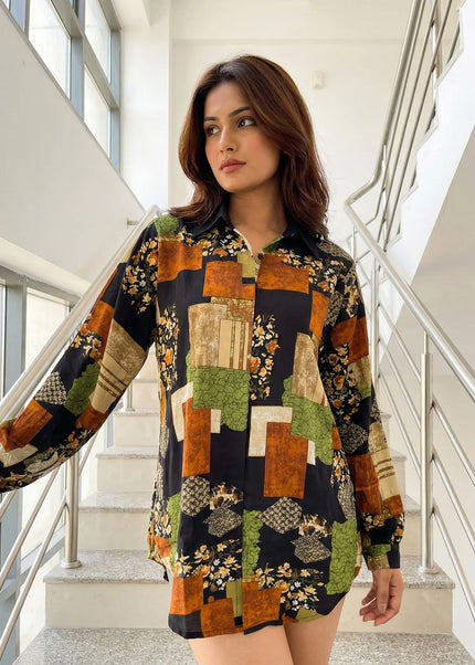 Geometric Patchwork Button-Down Shirt
