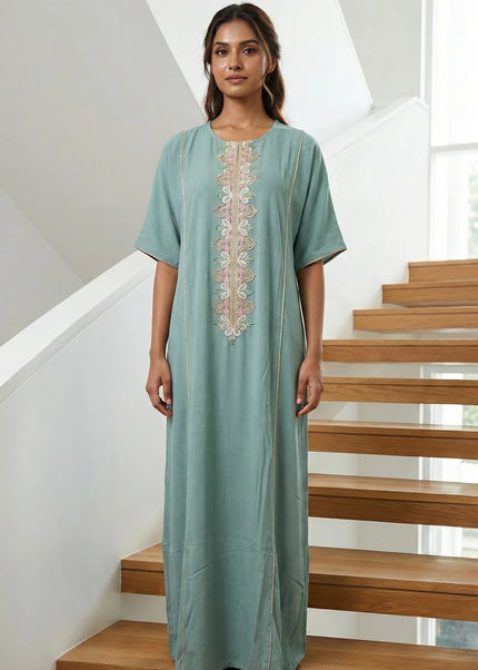 Elegant Teal Green Embroidered Maxi Dress