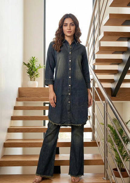 Acid Wash Denim Tunic & Wide-Leg Jeans Co-ord Set