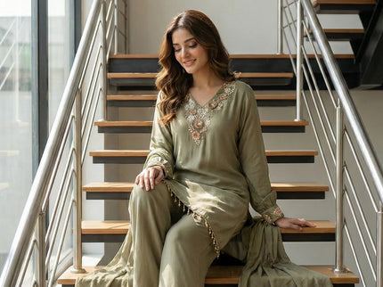 3D Floral Embroidered Silk Suit Set