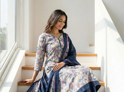 Floral Print Suit Set with Striped Pants