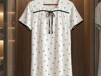 Cherry Print Square Neck Nightdress with Contrast Piping & Bow Detail