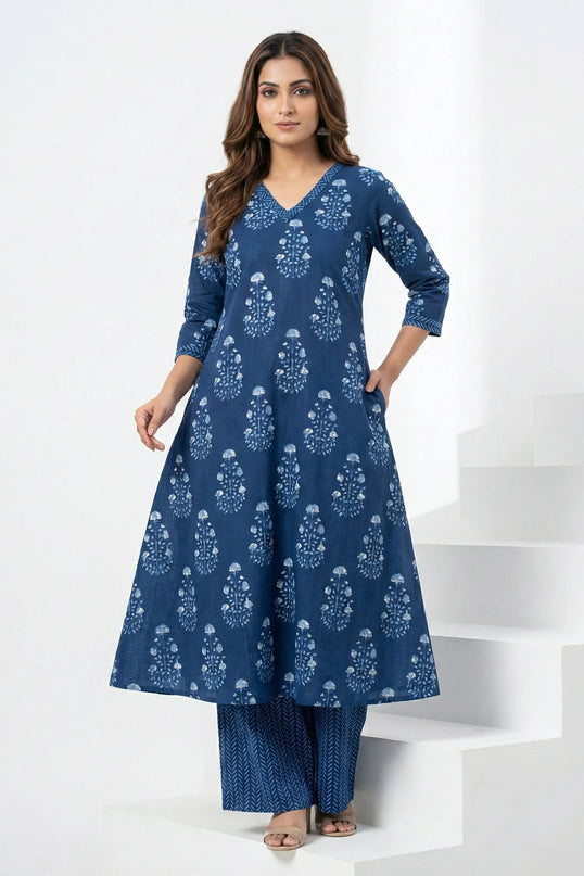 Elegant Blue Floral A-Line Kurta Set by Attire Sign