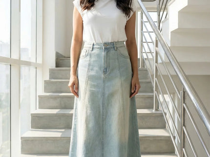 Vintage Light-Wash Paneled Denim Maxi Skirt