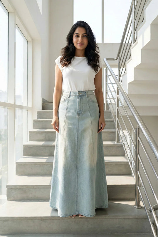 Vintage Light-Wash Paneled Denim Maxi Skirt