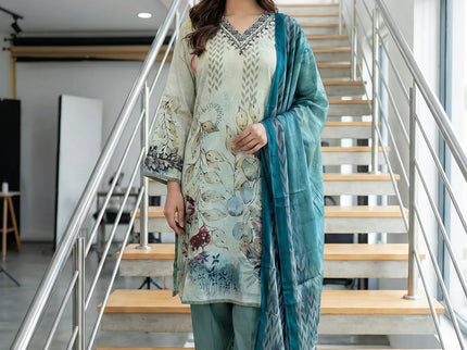 Serene Sage Green & Teal Digital Print Suit Set