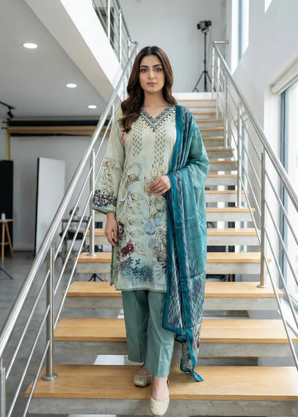 Serene Sage Green & Teal Digital Print Suit Set