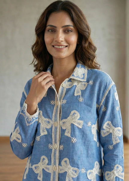 Embroidered Bow & Scallop Hem Shirt