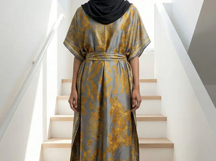 Luxe Jacquard Satin Kaftan with Print Detail