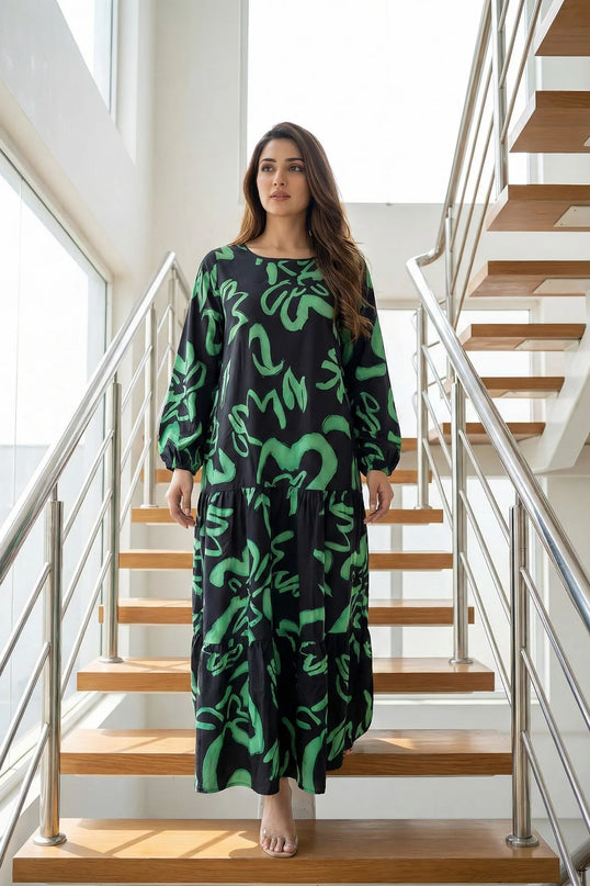 Round Neck Abstract Swirl Flowing Gown