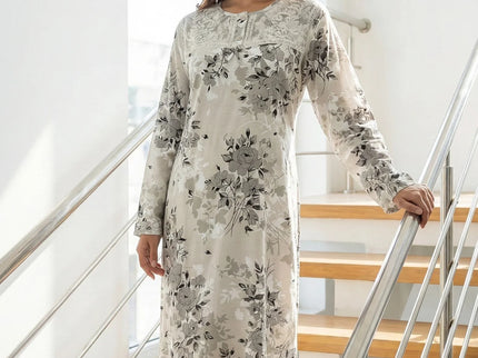 Elegant Grey Floral Maxi Nightgown with Lace Detail