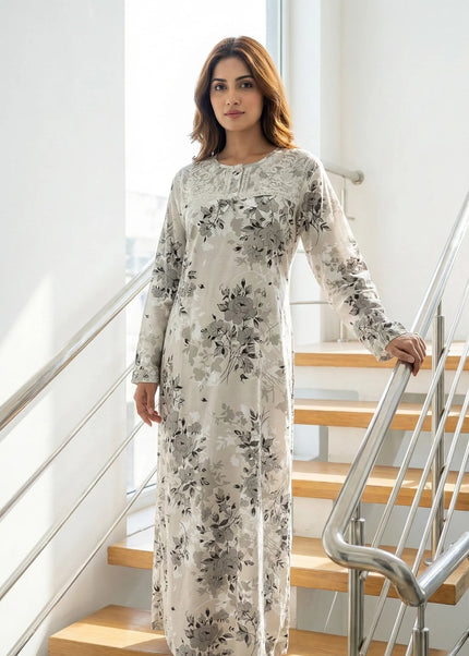 Elegant Grey Floral Maxi Nightgown with Lace Detail