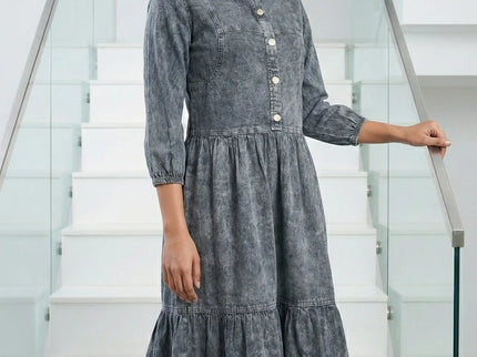 Acid Wash Denim Tiered Midi Dress
