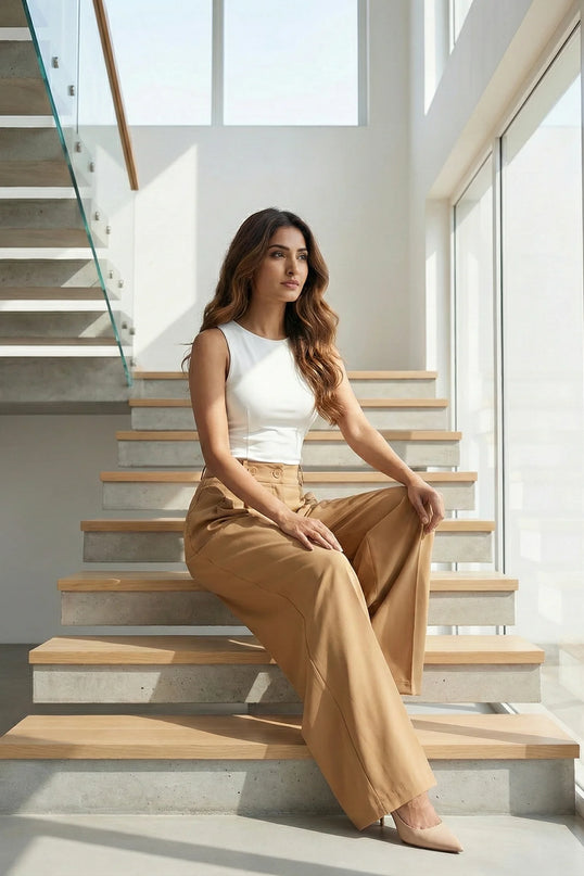 Camel High-Waisted Wide-Leg Trousers