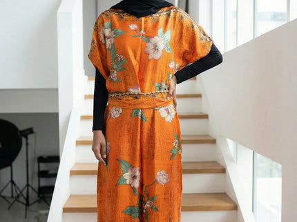 Luxe Jacquard Satin Kaftan with Print Detail