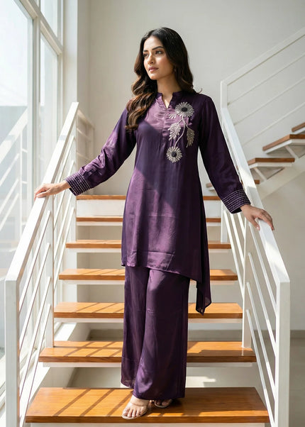 Luxe Satin-Silk Purple Suit with Silver Beadwork