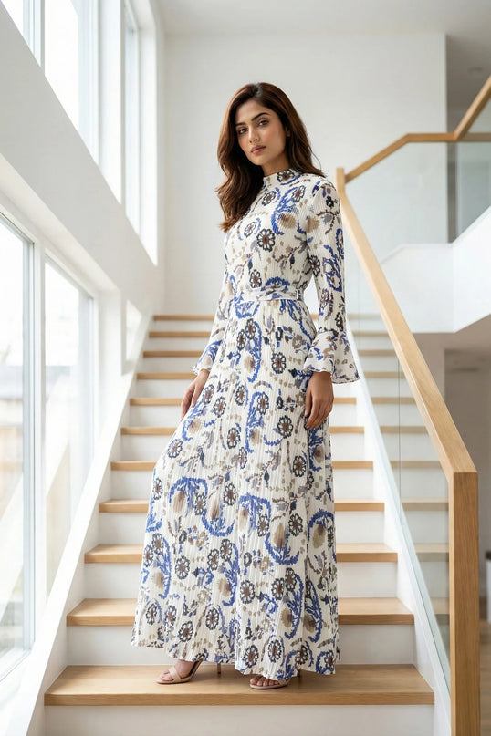 Elegant High-Neck Pleated Maxi Dress