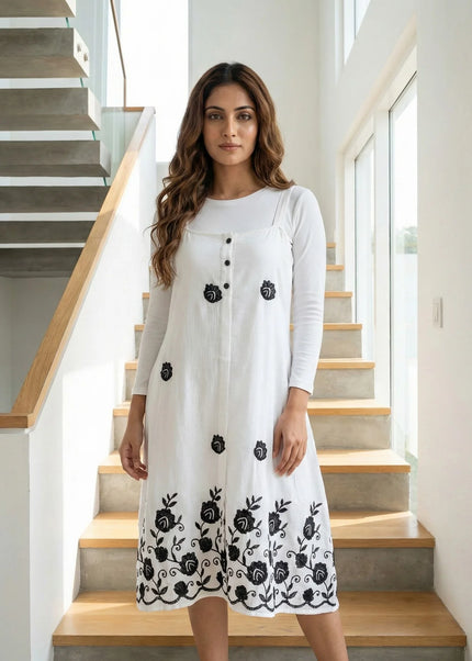 Floral Embroidered Button-Down Midi Dress