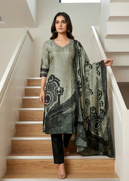 Contemporary Grey & Black Abstract Print Suit Set