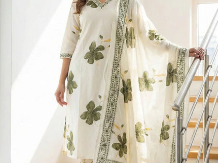 Off-White Cotton Kurta Set with Green Floral Motifs & Sequin Embroidery