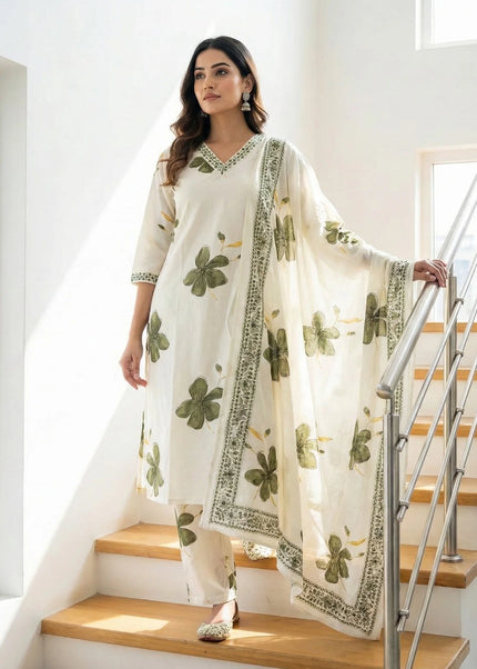 Off-White Cotton Kurta Set with Green Floral Motifs & Sequin Embroidery