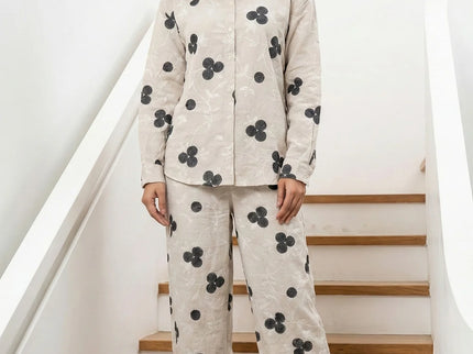 Beige Linen-Blend Clover Embroidered Co-ord Set