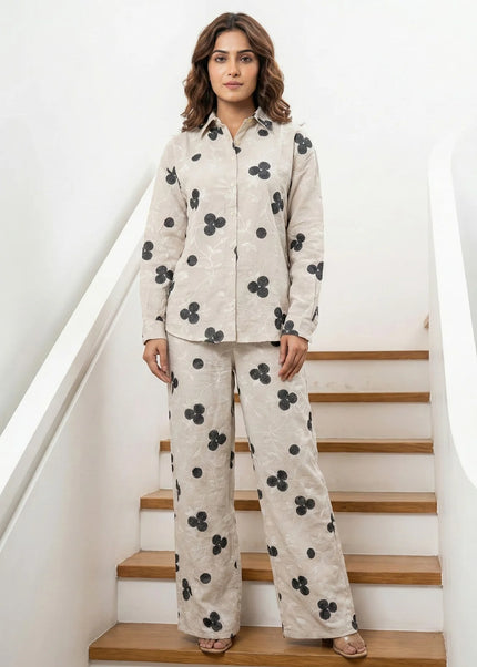 Beige Linen-Blend Clover Embroidered Co-ord Set