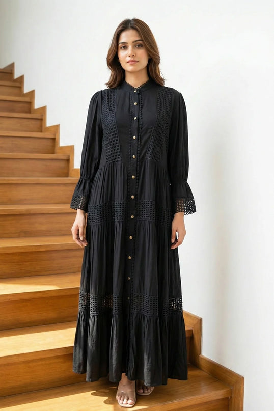 Elegant Black Tiered Crochet Maxi Dress