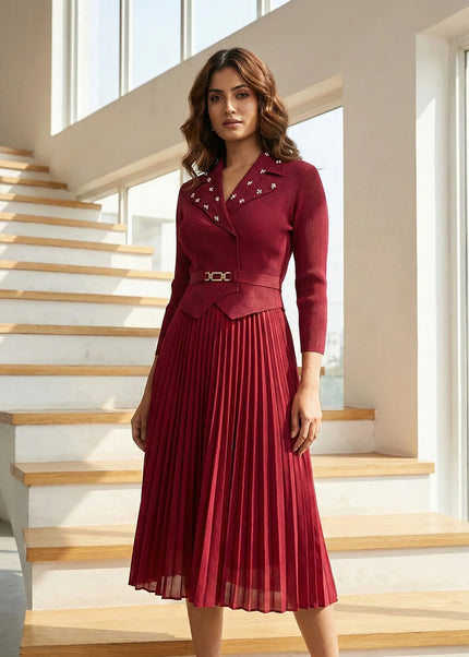 Elegant Pearl-Embellished Pleated Midi Dress