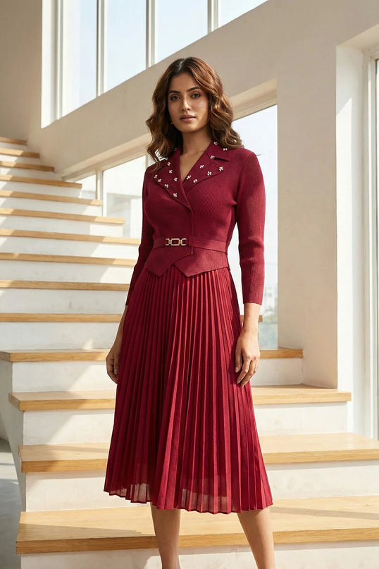 Elegant Pearl-Embellished Pleated Midi Dress