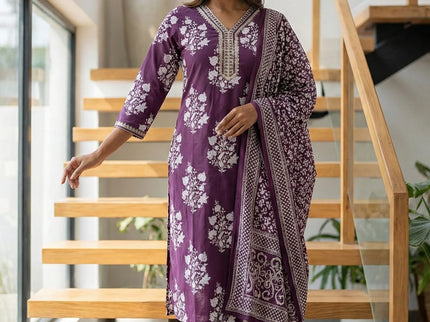 Deep Plum Floral Print Cotton Suit Set