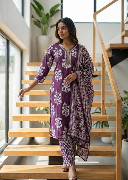Deep Plum Floral Print Cotton Suit Set