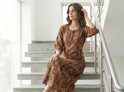 Earthy Rust Geometric Print Maxi Dress