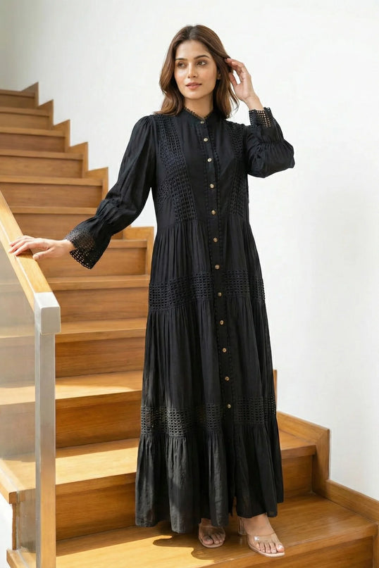 Elegant Black Tiered Crochet Maxi Dress