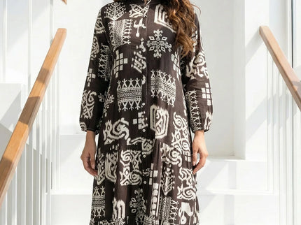 Brown Geometric Print Tiered Maxi Dress