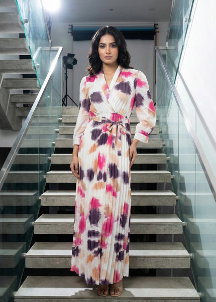 Elegant Abstract Print Pleated Wrap Maxi Dress