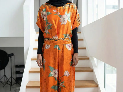 Luxe Jacquard Satin Kaftan with Print Detail