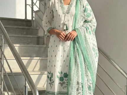 White & Sage Green Floral Block Print Cotton Suit Set