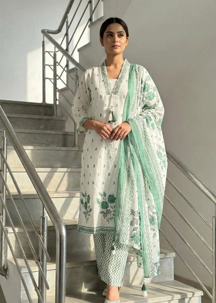 White & Sage Green Floral Block Print Cotton Suit Set