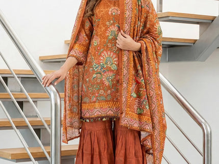 Rust Orange Floral Embroidered Sharara Set