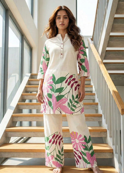 Cream & Pink Floral Print Co-ord Set