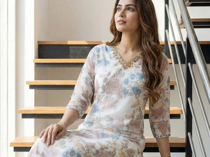Ethereal White Floral Georgette Kurti with Hand-Embellished Neckline Top