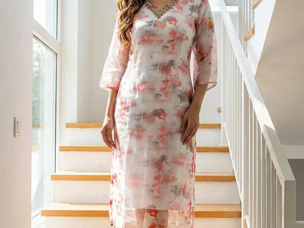 Ethereal White Floral Georgette Kurti with Hand-Embellished Neckline Top