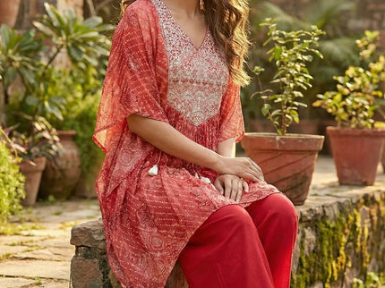 Crimson Red Bandhani Embroidered Kaftan Set