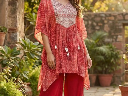 Crimson Red Bandhani Embroidered Kaftan Set