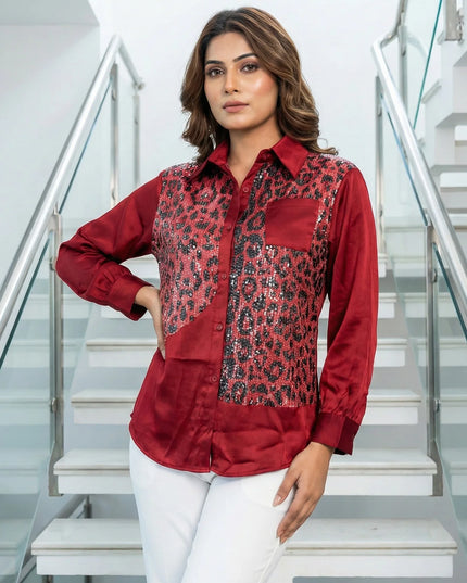Burgundy Sequin-Panel Statement Shirt