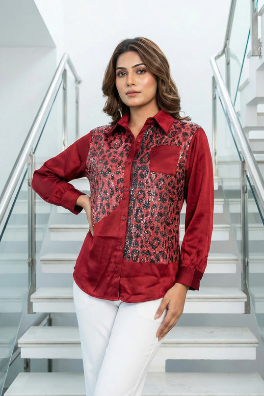 Burgundy Sequin-Panel Statement Shirt