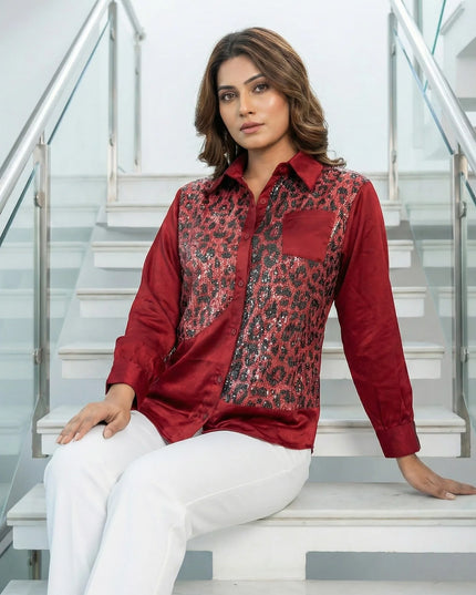 Burgundy Sequin-Panel Statement Shirt